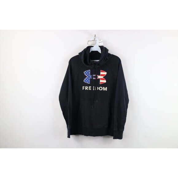 Under Armour Womens Small Faded Spell Out Big Logo Freedom USA Flag Hoodie Black - Picture 1 of 15